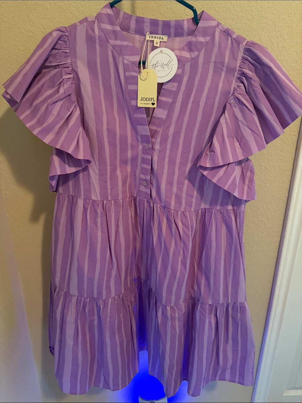 JODIFL Lavender & White Striped Ruffle Tiered Dress